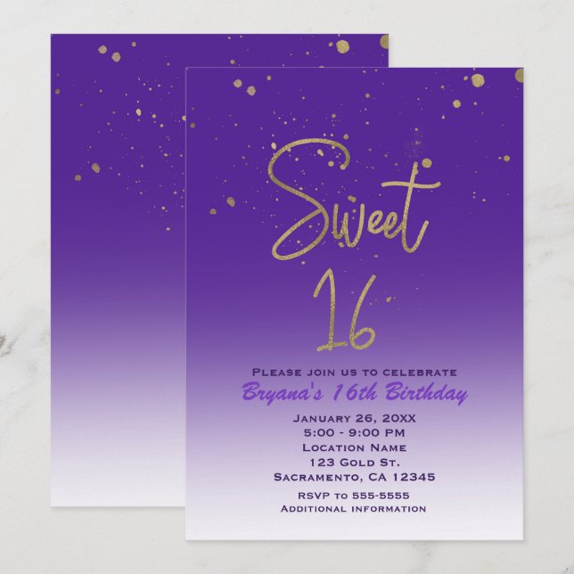Invitation Fête d'anniversaire SWEET 16 Moderne et Luxueuse V (Devant / Derrière)