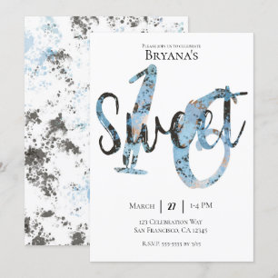 Invitation Fête d'anniversaire Sweet 16 Moderne Noir Bleu Or