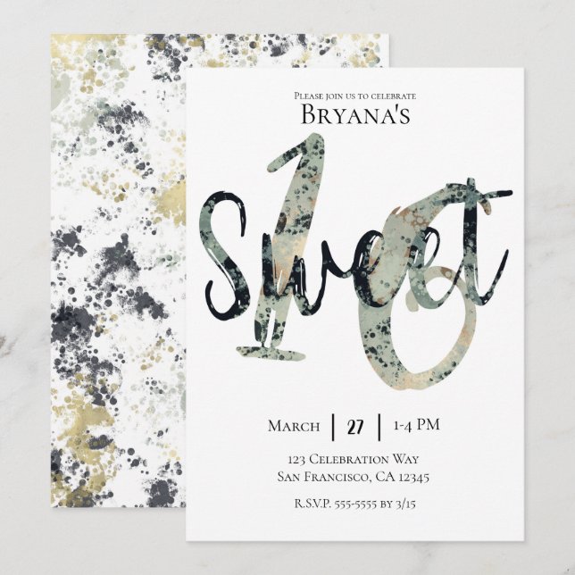 Invitation Fête d'anniversaire Sweet 16 Moderne Noir Gris Or (Devant / Derrière)