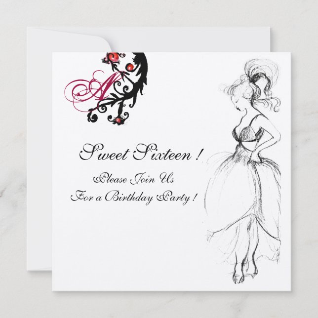 Invitation FÊTE D'ANNIVERSAIRE SWEET 16 MONOGRAMME Spirales R (Devant)