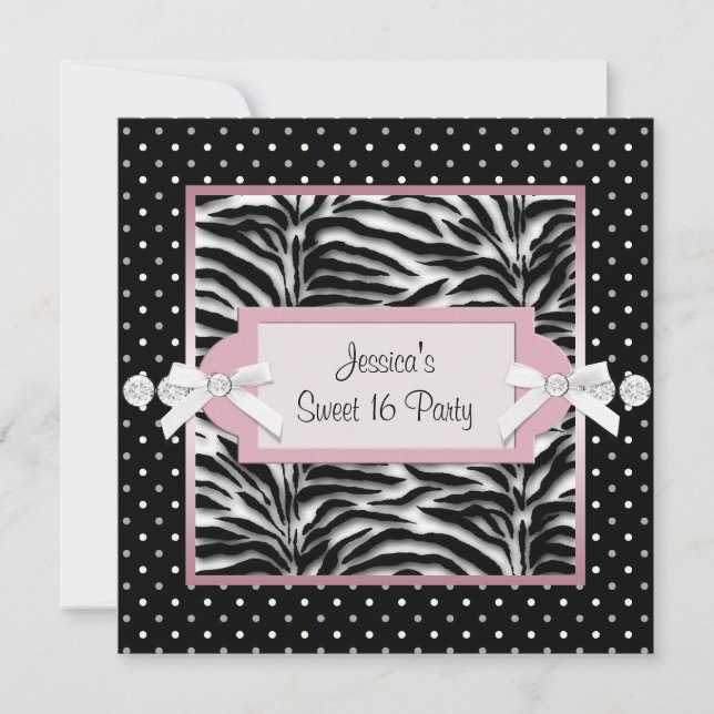 Invitation Fête d'anniversaire Sweet 16 noir blanc rose zèbre (Devant)