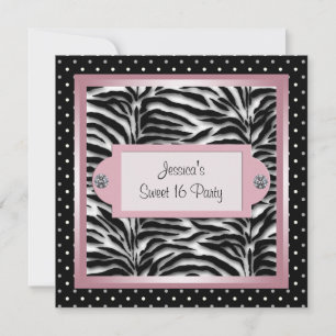 Invitation Fête d'anniversaire Sweet 16 noir blanc rose zèbre