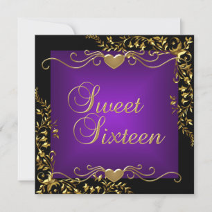Invitation Fête d'anniversaire Sweet 16 noir or violet foncé