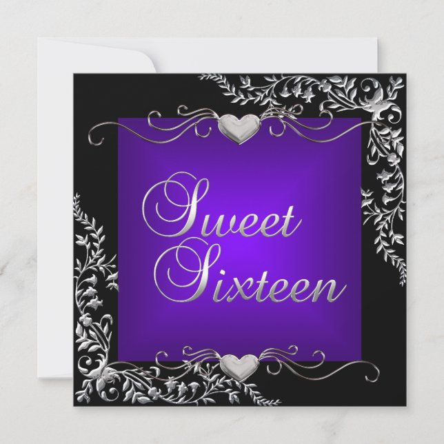 Invitation Fête d'anniversaire Sweet 16 Noir Violet Profond C (Devant)