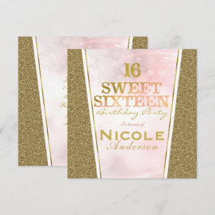 Invitation Fête d'anniversaire Sweet 16 pailletée or rose