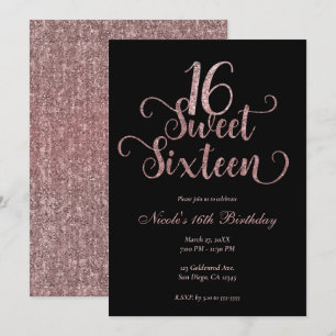 Invitation Fête d'anniversaire Sweet 16 paillettes noires et 