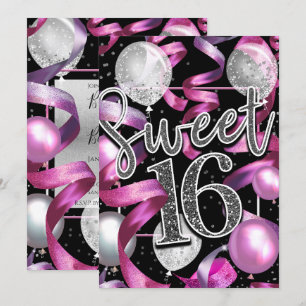 Invitation Fête d'anniversaire Sweet 16 Paillettes Rose Noir