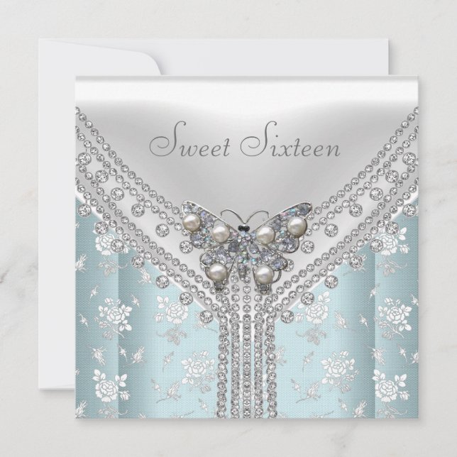 Invitation Fête d'anniversaire Sweet 16 Papillon blanc bleu (Devant)