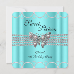 Invitation Fête d'anniversaire SWEET 16 papillon bleu sarcell