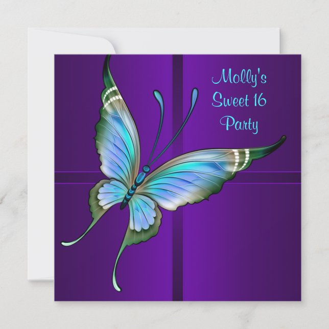 Invitation Fête d'anniversaire Sweet 16 Papillon sarcelle Vio (Devant)