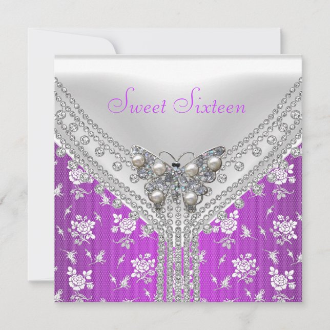 Invitation Fête d'anniversaire Sweet 16 Papillon Violet Blanc (Devant)