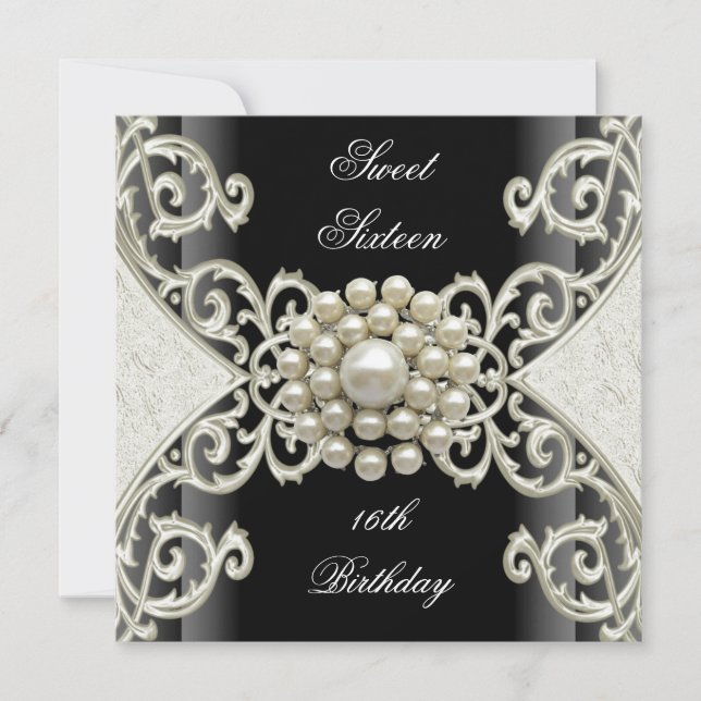 Invitation Fête d'anniversaire Sweet 16 perle noire blanche c (Devant)
