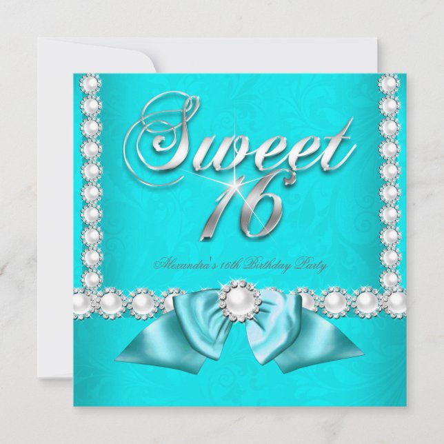 Invitation Fête d'anniversaire Sweet 16 perles bleu sarcelle  (Devant)