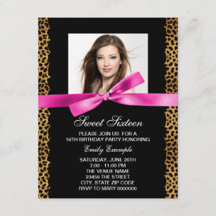 Invitation Fête d'anniversaire Sweet 16 Photo Léopard Rose Ch