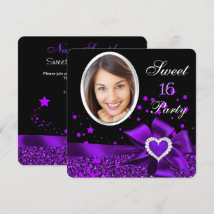 Invitation Fête d'anniversaire Sweet 16 Purple Heart Photo Br