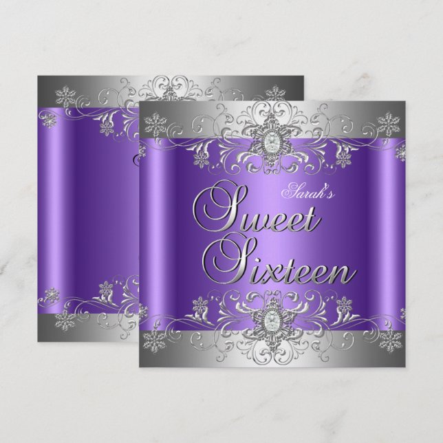 Invitation Fête d'anniversaire Sweet 16 Purple Silver Diamond (Devant / Derrière)