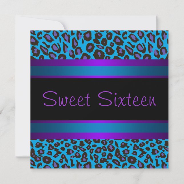 Invitation Fête d'anniversaire Sweet 16 Purple Teal Léopard (Devant)
