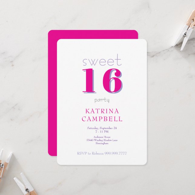 Invitation Fête d'anniversaire Sweet 16 Rose Chaud (Devant/Arrière en situation)