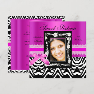 Invitation Fête d'anniversaire Sweet 16 Rose Chaude Noir Zèbr