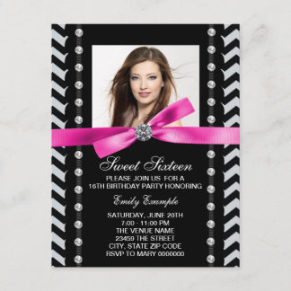 Invitation Fête d'anniversaire Sweet 16 rose et noir à chevro
