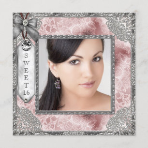Invitation Fête d'anniversaire Sweet 16 rose gris photo