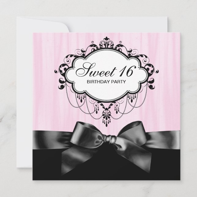 Invitation Fête d'anniversaire Sweet 16 rose noir (Devant)