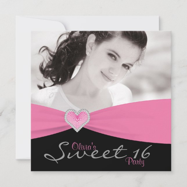 Invitation Fête d'anniversaire Sweet 16 rose noir (Devant)