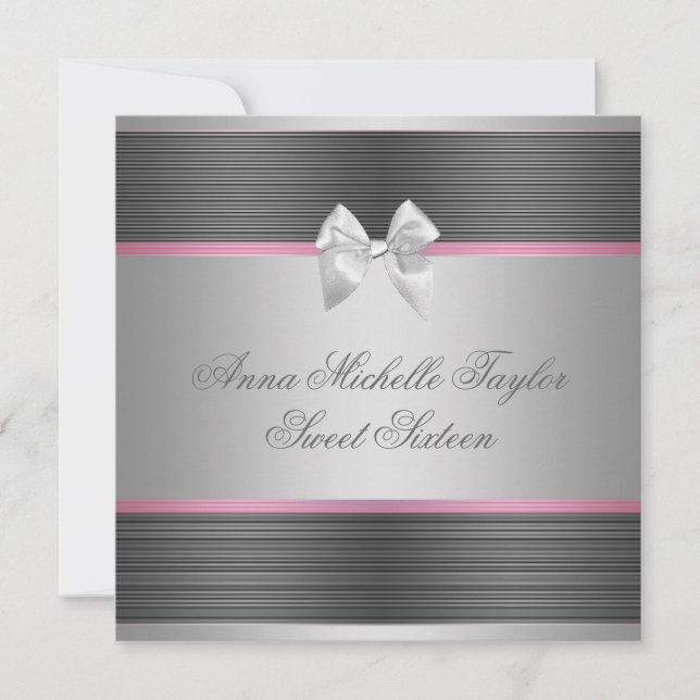 Invitation Fête d'anniversaire Sweet 16 Rose Noir Argent (Devant)
