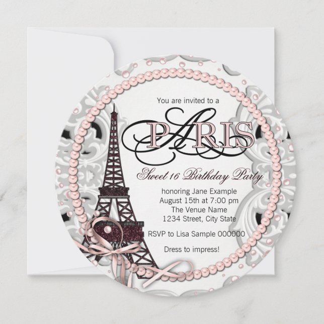 Invitation Fête d'anniversaire Sweet 16 Rose Vintage Paris (Devant)