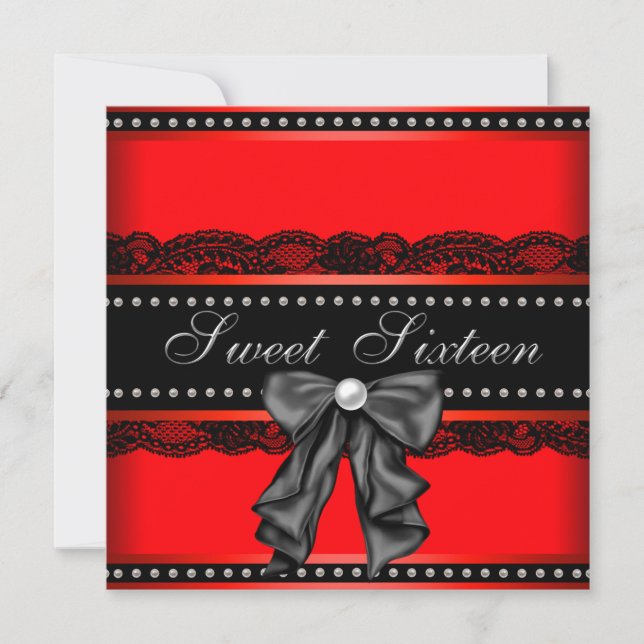 Invitation Fête d'anniversaire Sweet 16 rouge noir (Devant)