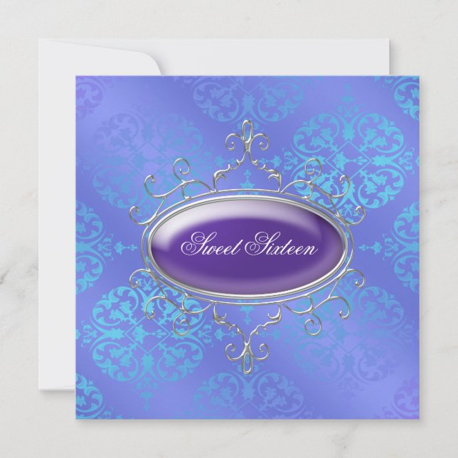 Invitation Fête d'anniversaire Sweet 16 sarcelle damas violet (Devant)