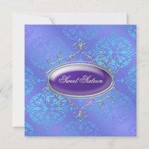 Invitation Fête d'anniversaire Sweet 16 sarcelle damas violet