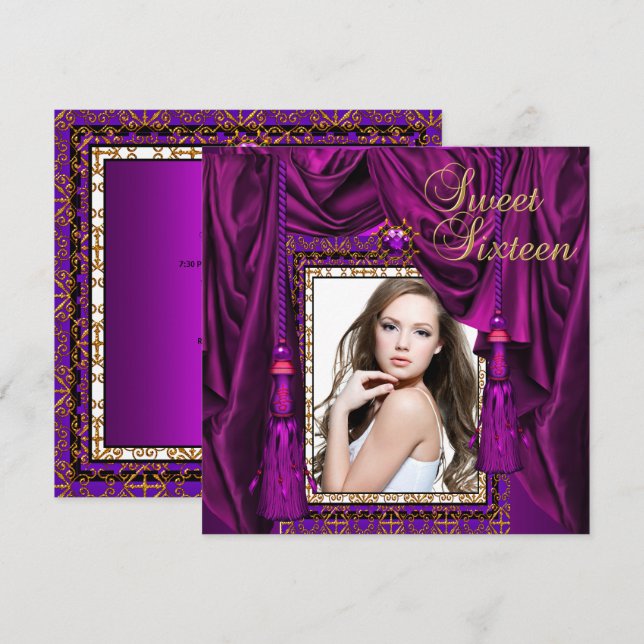 Invitation Fête d'anniversaire Sweet 16 seize ans violet or (Devant / Derrière)
