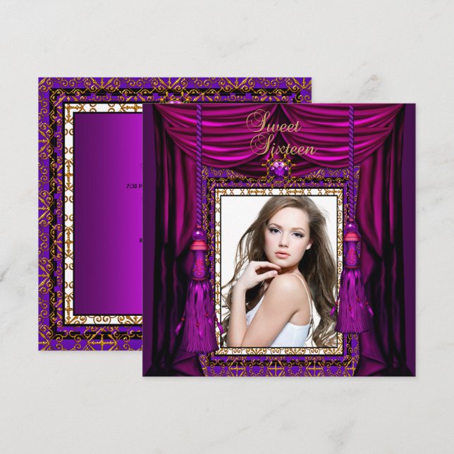 Invitation Fête d'anniversaire Sweet 16 seize ans Violet Rose (Devant / Derrière)