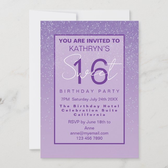 Invitation Fête d'anniversaire Sweet 16 Violet  (Devant)