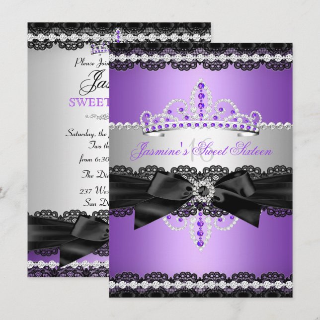 Invitation Fête d'anniversaire Sweet 16 Violet avec dentelle  (Devant / Derrière)