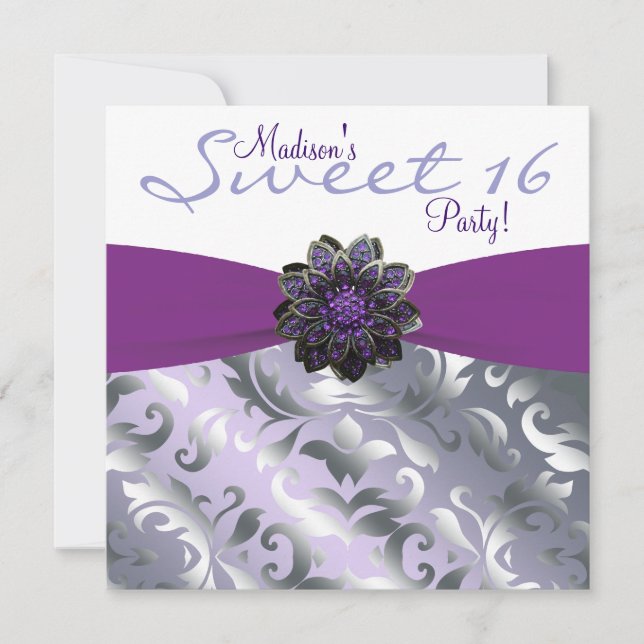 Invitation Fête d'anniversaire Sweet 16 violet et gris (Devant)