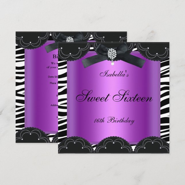 Invitation Fête d'anniversaire Sweet 16 Violet Noir Blanc Zèb (Devant / Derrière)