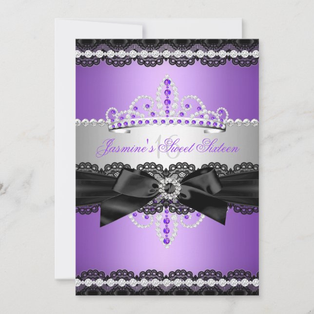 Invitation Fête d'anniversaire Sweet 16 Violet Noir et Broder (Devant)