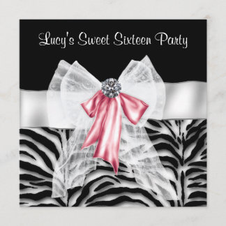 Invitation Fête d'anniversaire Sweet 16 Zèbre Noir Rose