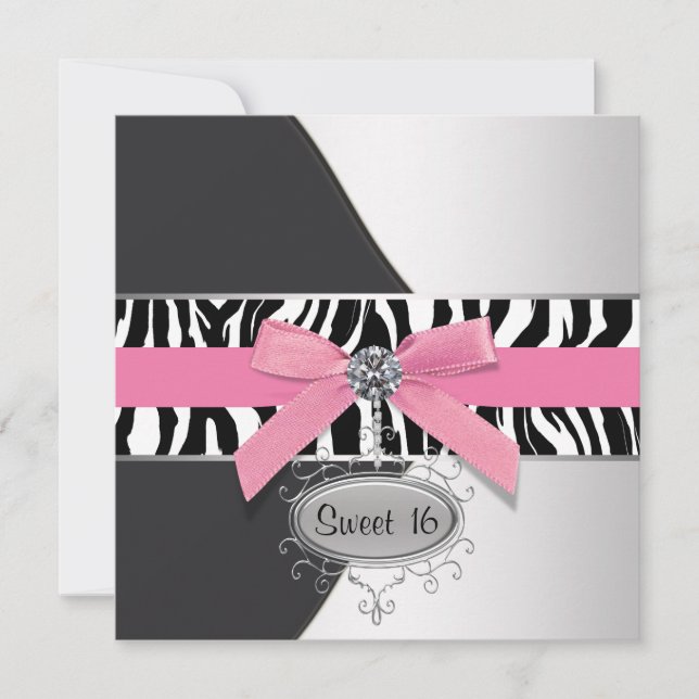 Invitation Fête d'anniversaire Sweet 16 Zèbre Rose (Devant)