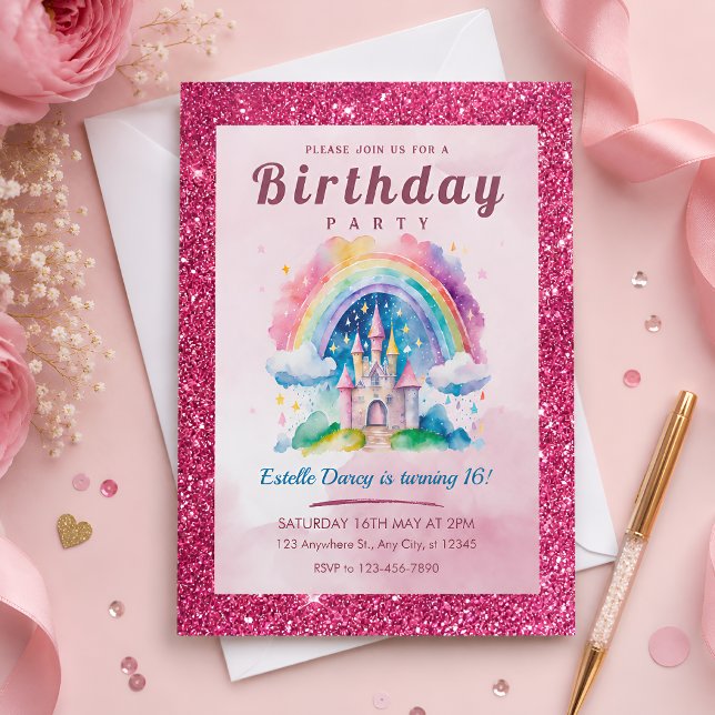 Invitation Fête d'anniversaire Sweet Rainbow Castle 16 ans (Créateur téléchargé)