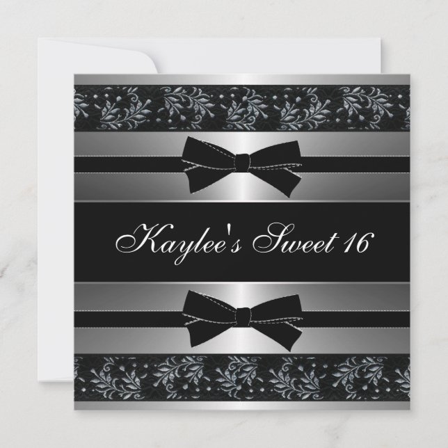 Invitation Fête d'anniversaire Sweet Sixteen Noir Blanc Ruban (Devant)
