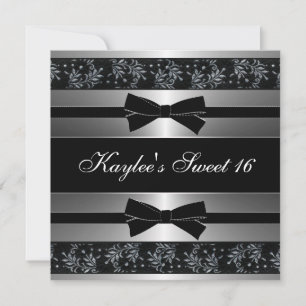 Invitation Fête d'anniversaire Sweet Sixteen Noir Blanc Ruban