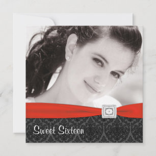 Invitation Fête d'anniversaire Sweet Sixteen Photo Rouge Noir