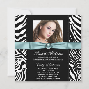 Invitation Fête d'anniversaire Sweet Sixteen Photo Zèbre Bleu