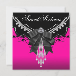 Invitation Fête d'anniversaire Sweet Sixteen rose chaud noir