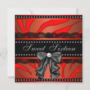 Invitation Fête d'anniversaire Sweet Sixteen Zèbre Rouge