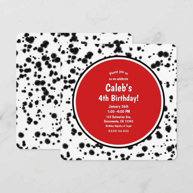 Invitation Fête d'anniversaire taches dalmate noir blanc roug (Devant / Derrière)