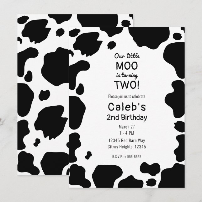 Invitation Fête d'anniversaire Taches de vache laitière Noir  (Devant / Derrière)